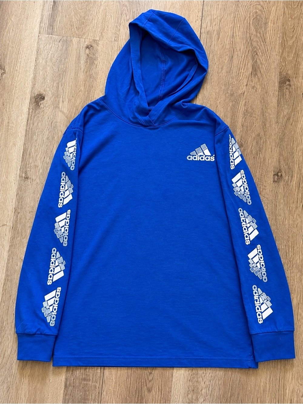 Adidas Boys Youth Hoodie M 10/12 Blue 100% Cotton Print Sleeves Pullover (0032)